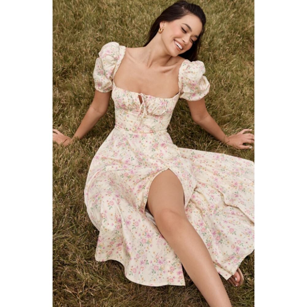 House of CB Tallulah Lemon Floral Puff Sleeve Midi Dress Sundress Cottagecore - Picture 13 of 15